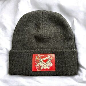 Ed Hardy Black Beanie with “Love Kills Slowly” Red Patch